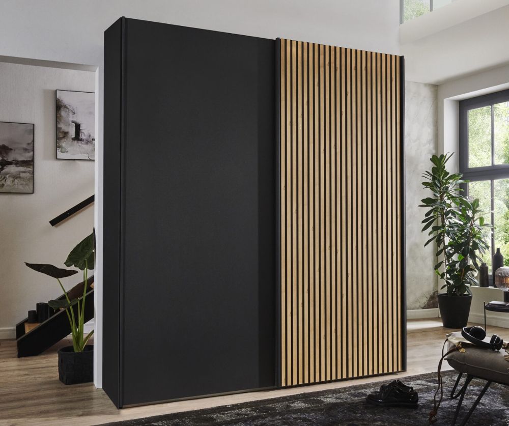 Wiemann Denver Graphite Finish Sliding Door Wardrobe with Bianco Oak Decking