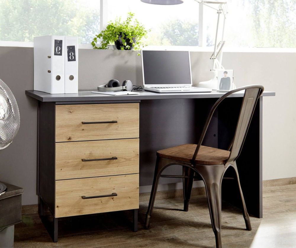 Rauch Orange HomeOffice Artisan Oak Colour Carcase with Metallic Grey Front Office Desk with 3 Left Drawers