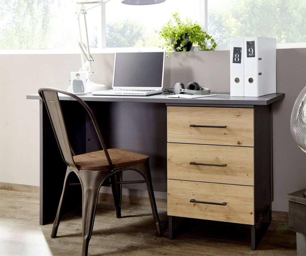 Rauch Orange HomeOffice Artisan Oak Colour Carcase with Metallic Grey Front Office Desk with 3 Right Drawers