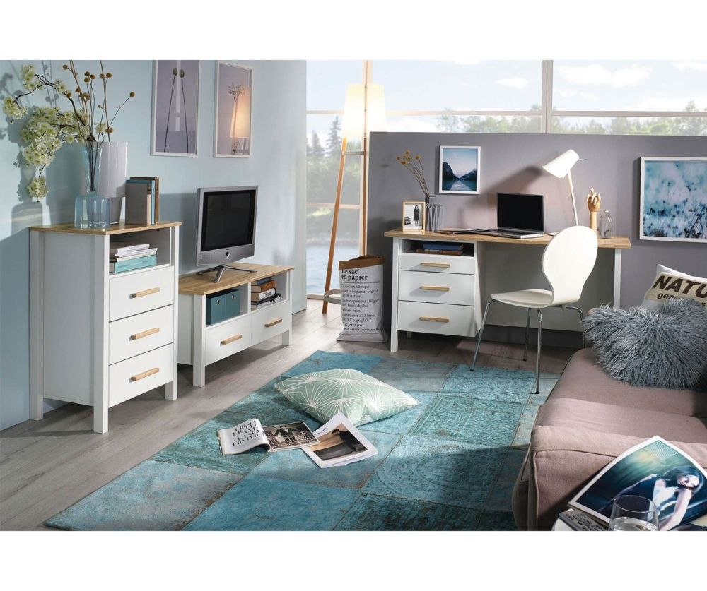 Rauch Orange HomeOffice Alpine White Carcase with Sonoma Oak Colour Front Office Desk with 3 Drawers