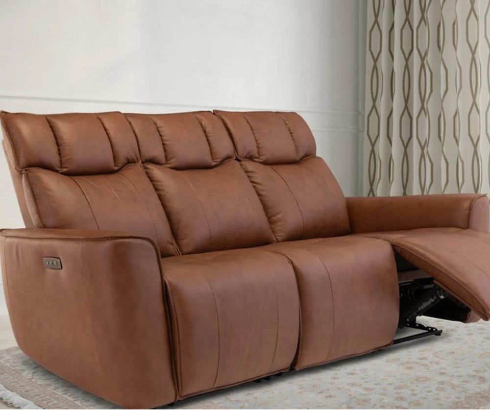 World Furniture Dolfino Tan Leather Electric Recliner 3 Seater Sofa