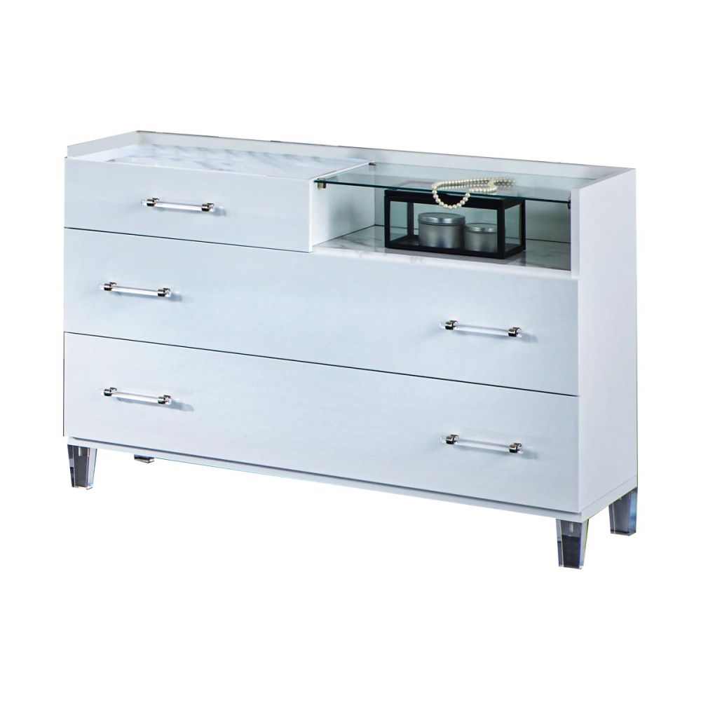 Ben Company Cristal White Marble Finish Italian Bedroom Set with 6 Door Wardrobe