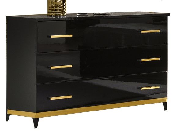Ben Company Elegance Black and Gold Finish Italian Bed Group Set with 4 Door Wardrobe
