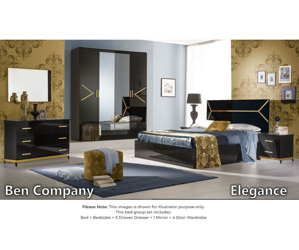 Ben Company Elegance Black and Gold Finish Italian Bed Group Set with 4 Door Wardrobe