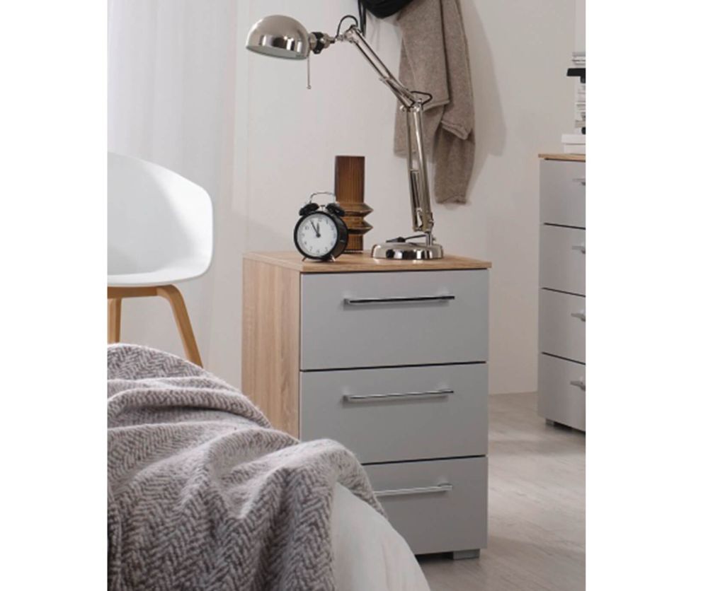 Rauch Ellesse Sonoma Oak Colour Carcase with Silk Grey Front 3 Drawer Bedside Cabinet