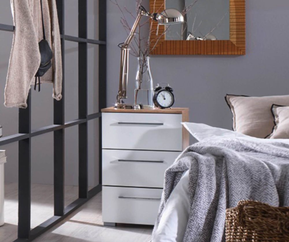 Rauch Ellesse Sonoma Oak Colour Carcase with Alpine White Front 3 Drawer Bedside Cabinet