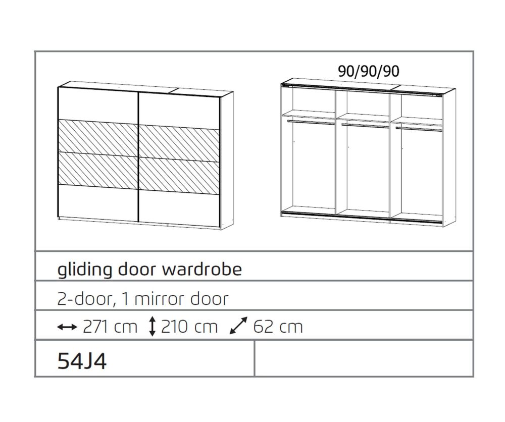 Rauch Ellesse Alpine White Carcase with Silk Grey Front Wide 2 Sliding Door 1 Mirror Wardrobe (W271cm)