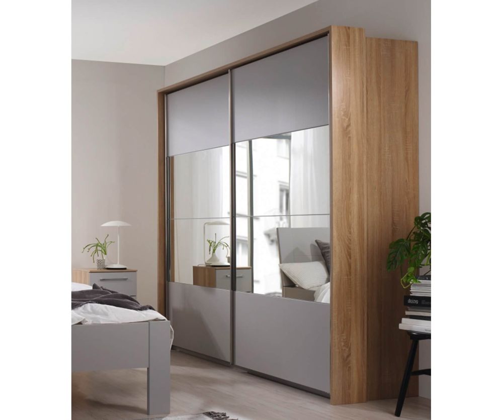 Rauch Ellesse Sonoma Oak Colour Carcase with Silk Grey Front Wide 2 Sliding Door 1 Mirror Wardrobe (W226cm)