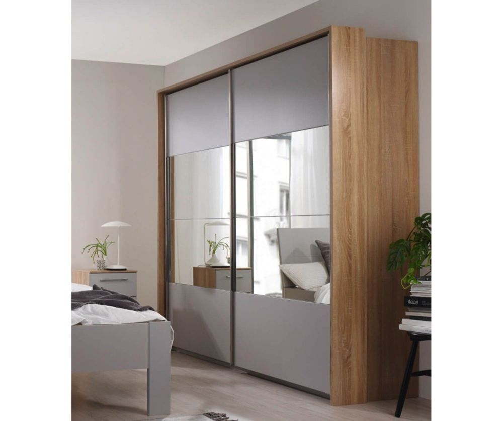 Rauch Ellesse Alpine White Carcase with Sonoma Oak Colour Front Wide 2 Sliding Door 1 Mirror Wardrobe (W226cm)