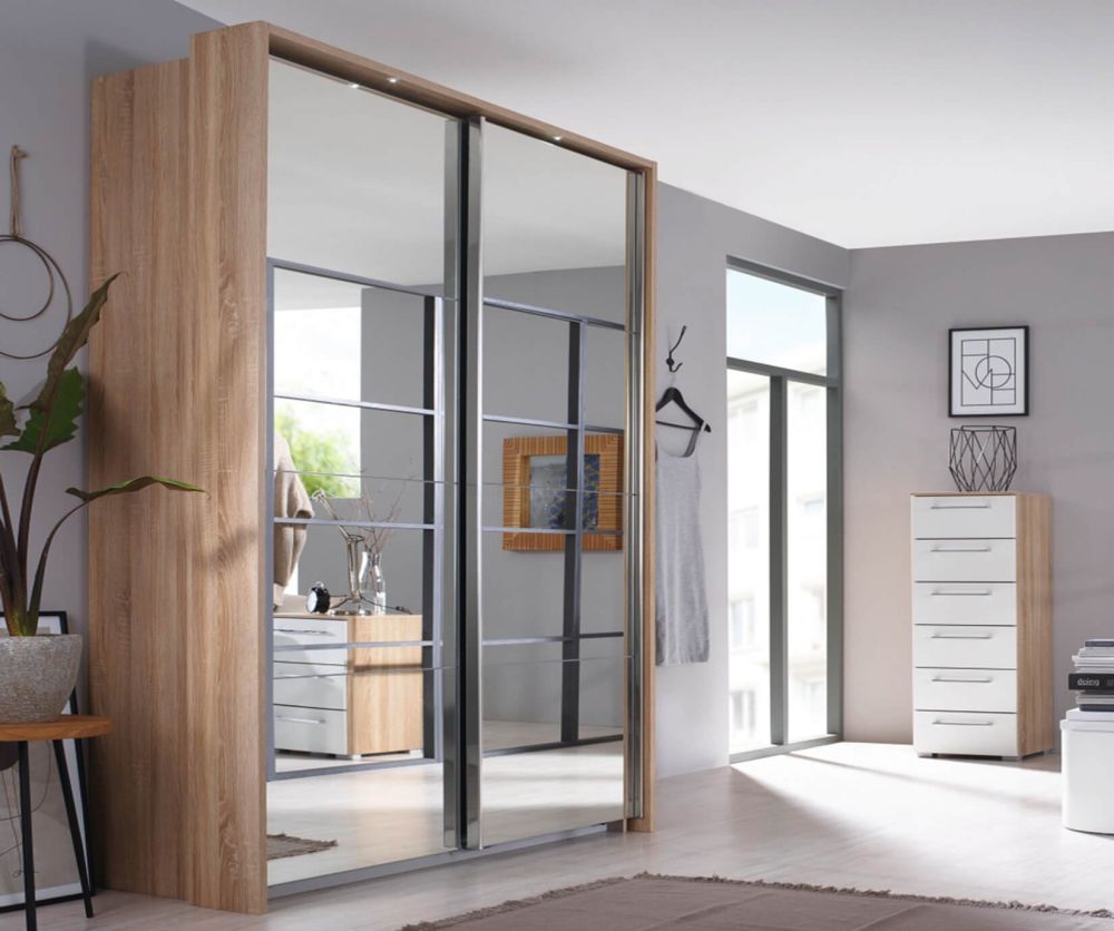 Rauch Ellesse Sonoma Oak Colour Carcase with Silk Grey Front 2 Sliding Mirror Door Wardrobe (W181cm)