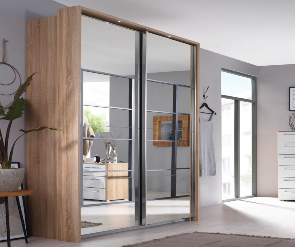 Rauch Ellesse Sonoma Oak Colour Carcase with Silk Grey Front Wide 2 Sliding Mirror Door Wardrobe (W226cm)