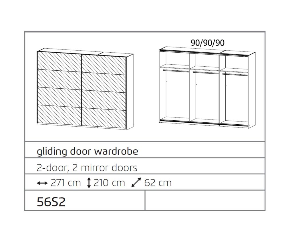 Rauch Ellesse Sonoma Oak Colour Carcase with Alpine White Front Wide 2 Sliding Mirror Door Wardrobe (W271cm)