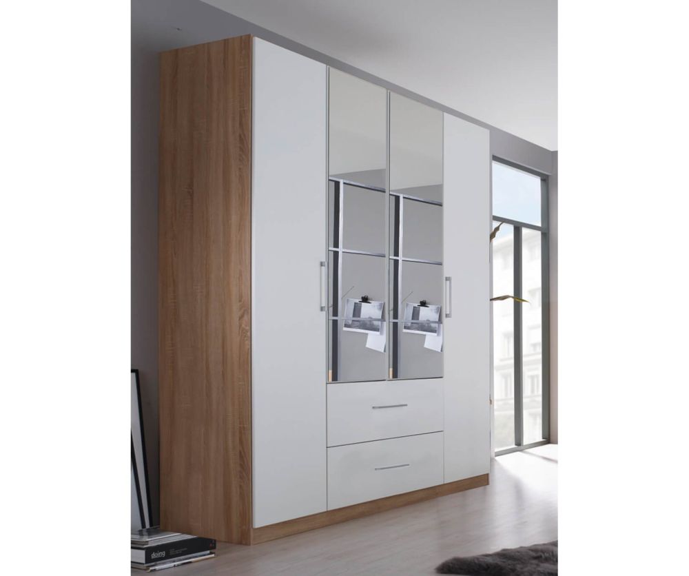 Rauch Ellesse Sonoma Oak Colour Carcase with Alpine White Front 4 Door 2 Mirror Wardrobe with Drawer