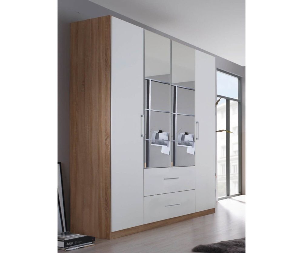 Rauch Ellesse Alpine White Carcase with Alpine White Front 4 Door 2 Mirror Wardrobe with Drawer