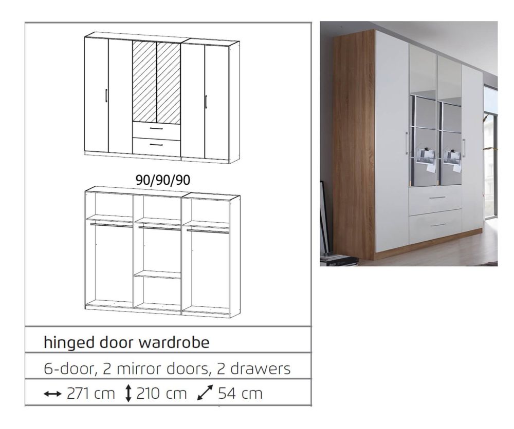 Rauch Ellesse Alpine White Carcase with Sonoma Oak Colour Front 6 Door 2 Mirror Wardrobe with Drawer