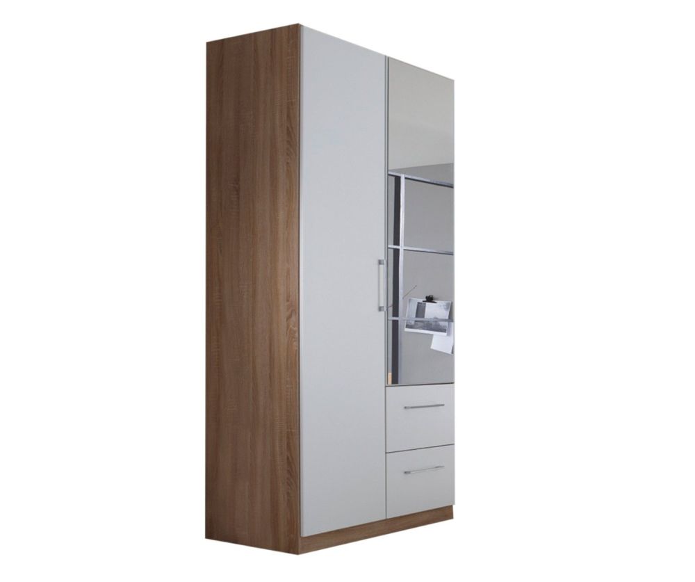 Rauch Ellesse Sonoma Oak Colour Carcase with Silk Grey Front 2 Door 1 Mirror Wardrobe with Drawer