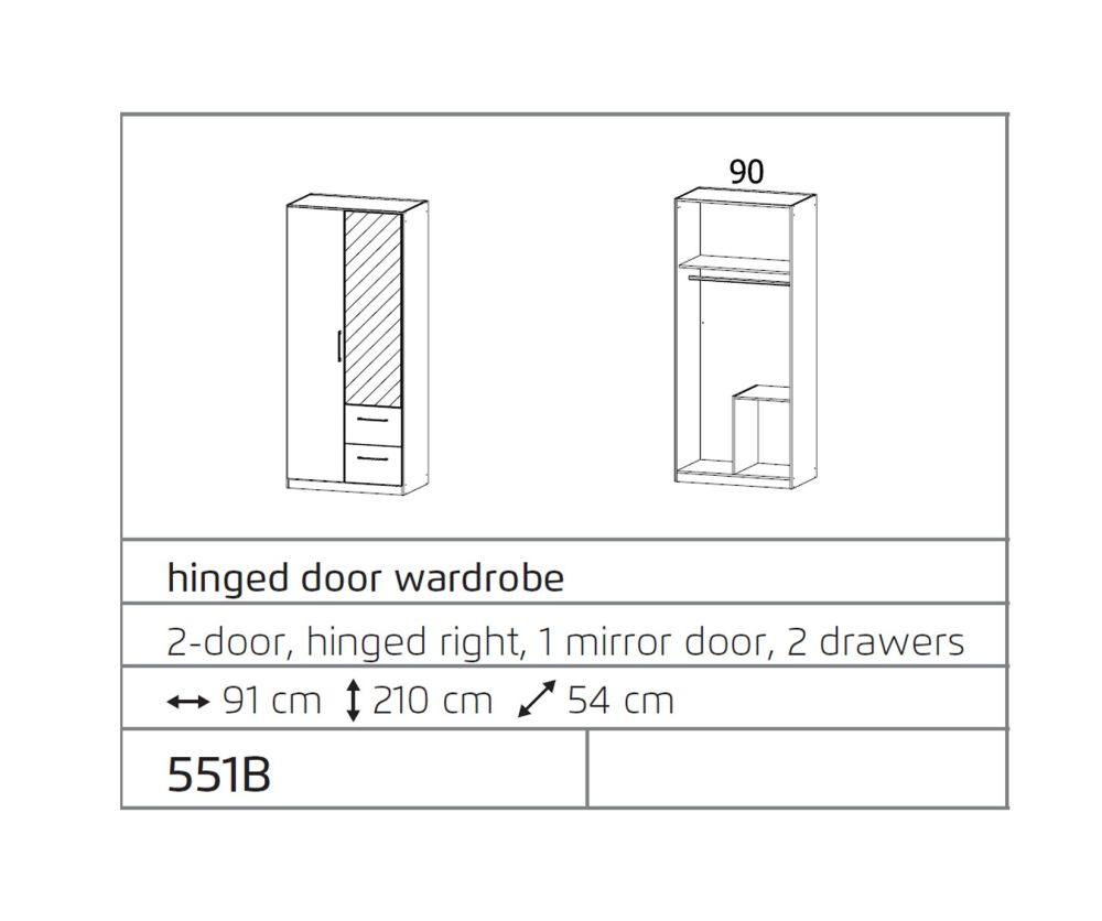 Rauch Ellesse Silk Grey Carcase with Silk Grey Front 2 Door 1 Mirror Wardrobe with Drawer