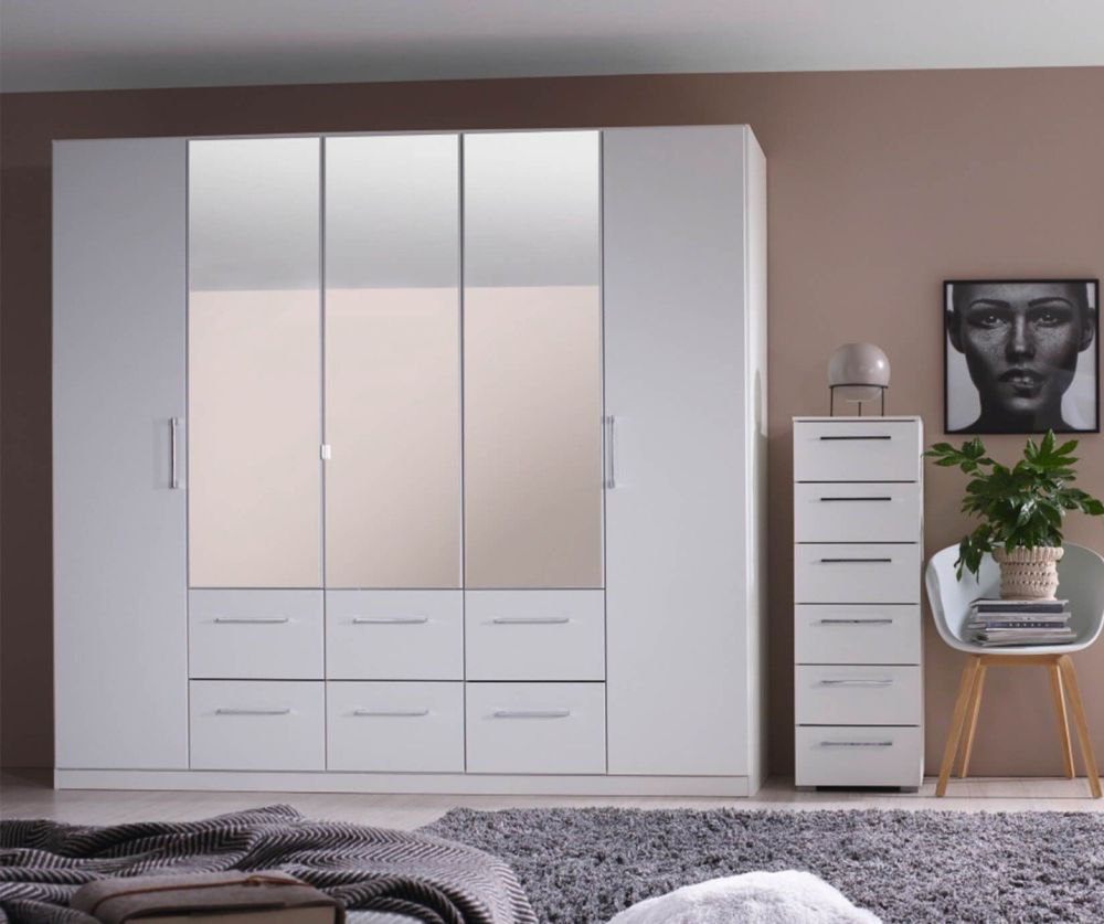 Rauch Ellesse Silk Grey Carcase with Alpine White Front 5 Door 3 Mirror Wardrobe with Drawer