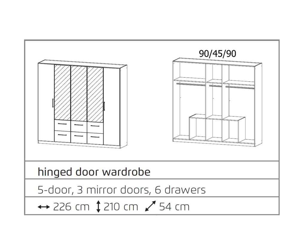 Rauch Ellesse Silk Grey Carcase with Silk Grey Front 5 Door 3 Mirror Wardrobe with Drawer