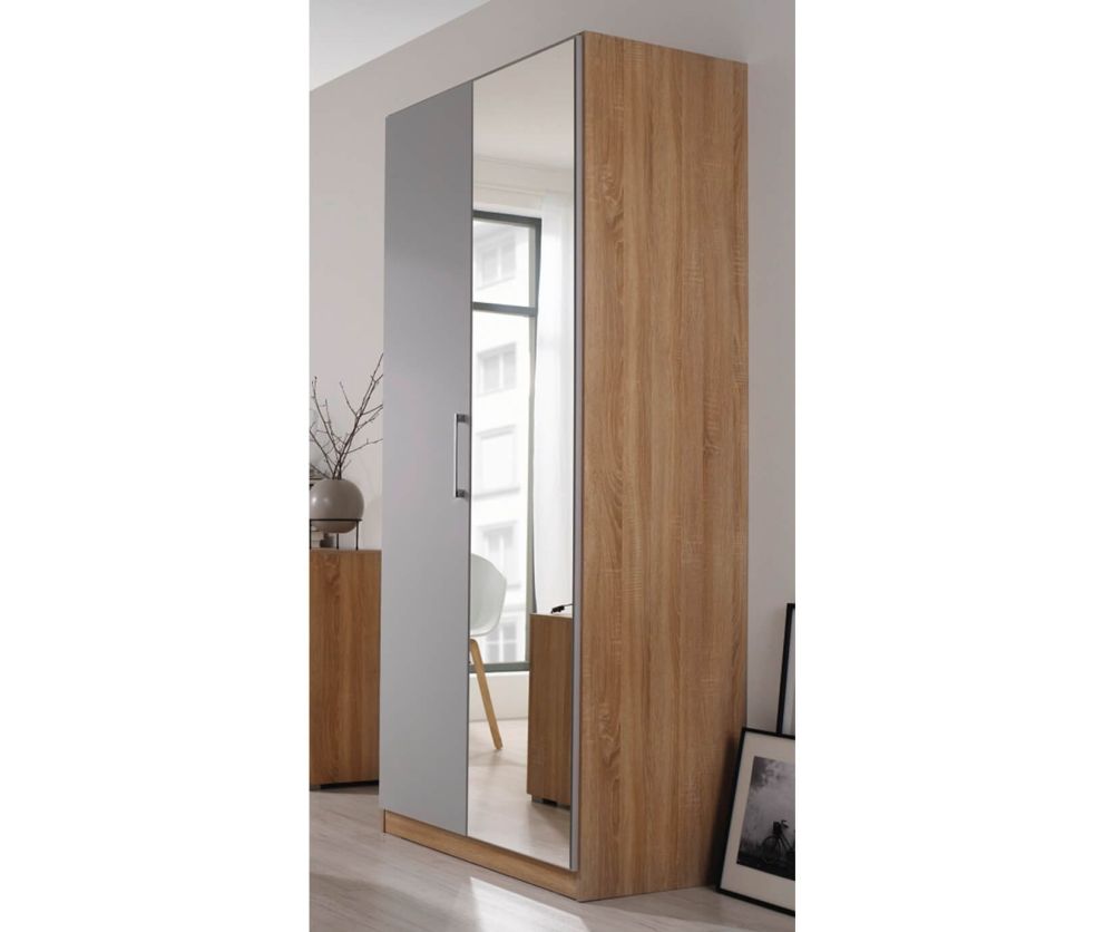 Rauch Ellesse Sonoma Oak Colour Carcase with Silk Grey Front 2 Door 1 Mirror Wardrobe