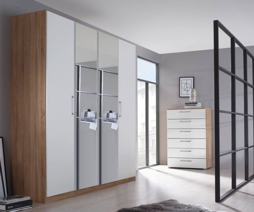 Rauch Ellesse Sonoma Oak Colour Carcase with Silk Grey Front 4 Door 2 Mirror Wardrobe