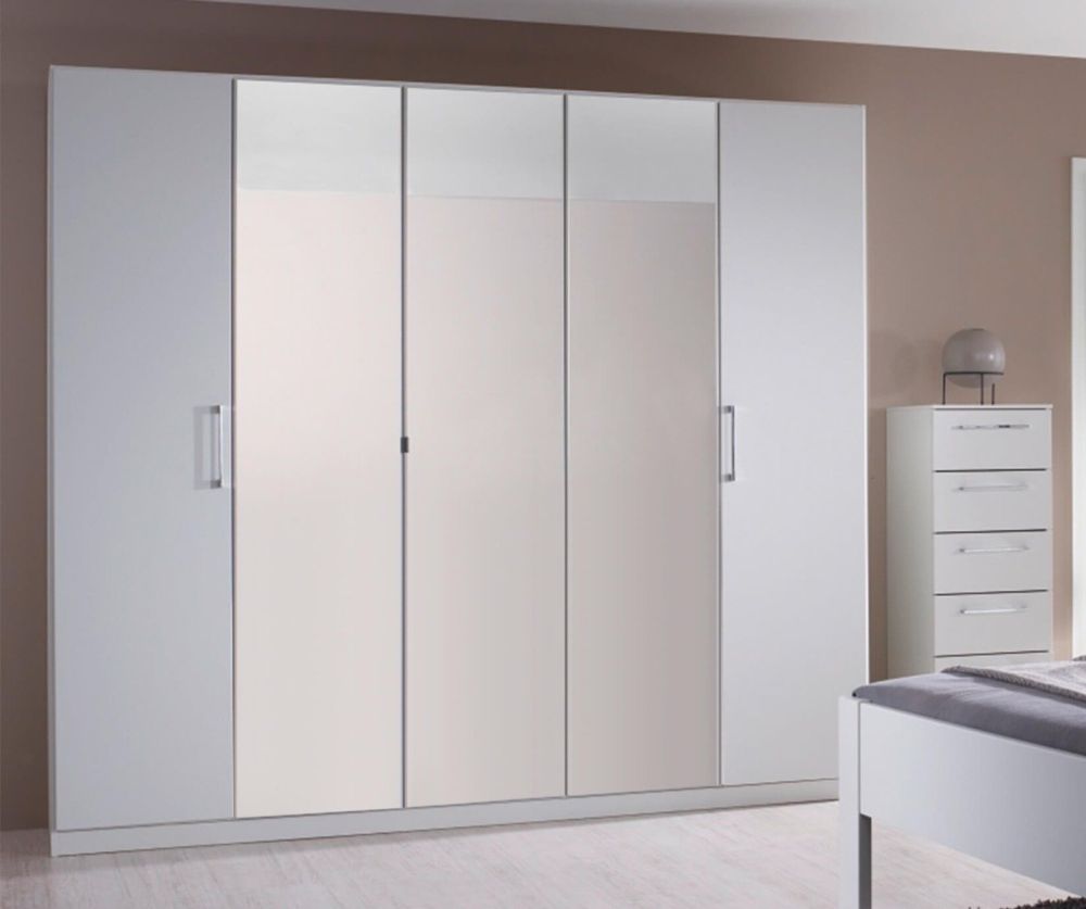 Rauch Ellesse Alpine White Carcase with Silk Grey Front 5 Door 3 Mirror Wardrobe