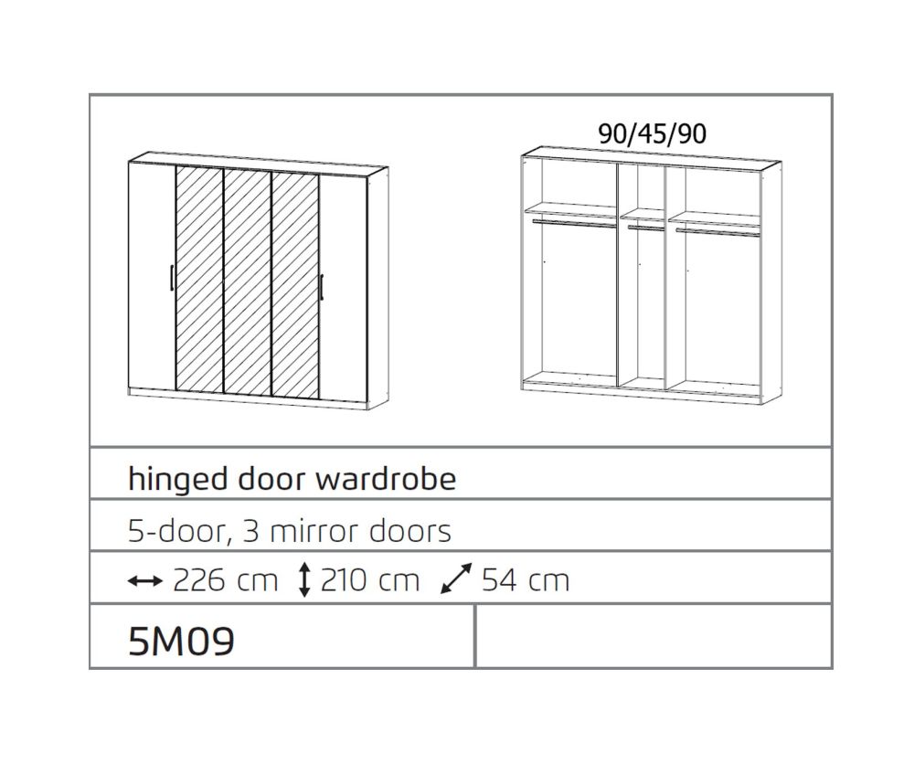 Rauch Ellesse Alpine White Carcase with Silk Grey Front 5 Door 3 Mirror Wardrobe