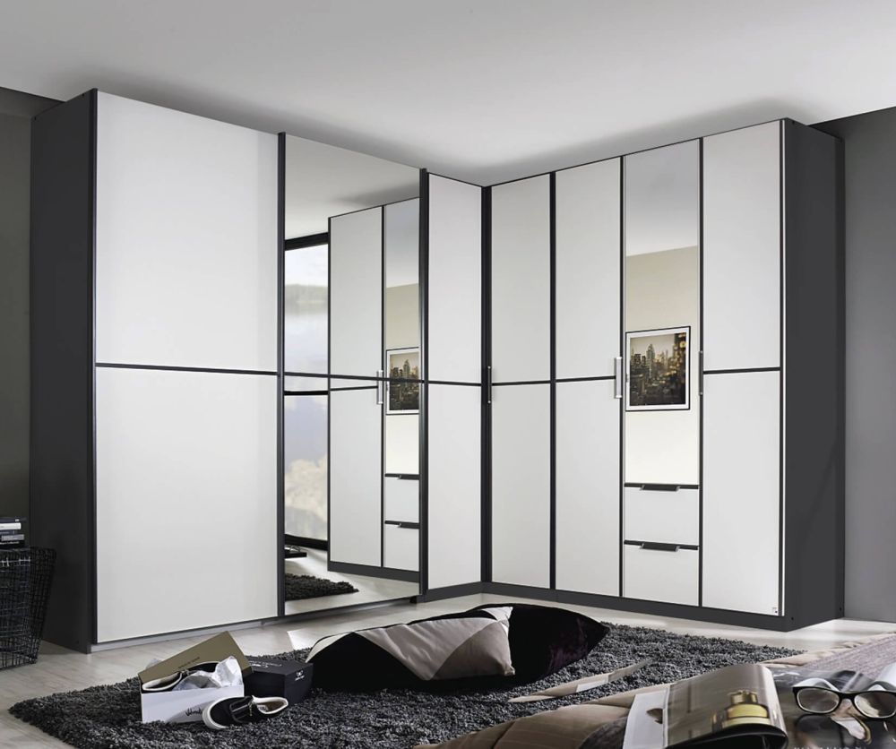 Rauch Essensa Metallic Grey with White Glass 2 Door 1 Mirror Sliding Wardrobe with Carcass Coloured Handle (W181cm)