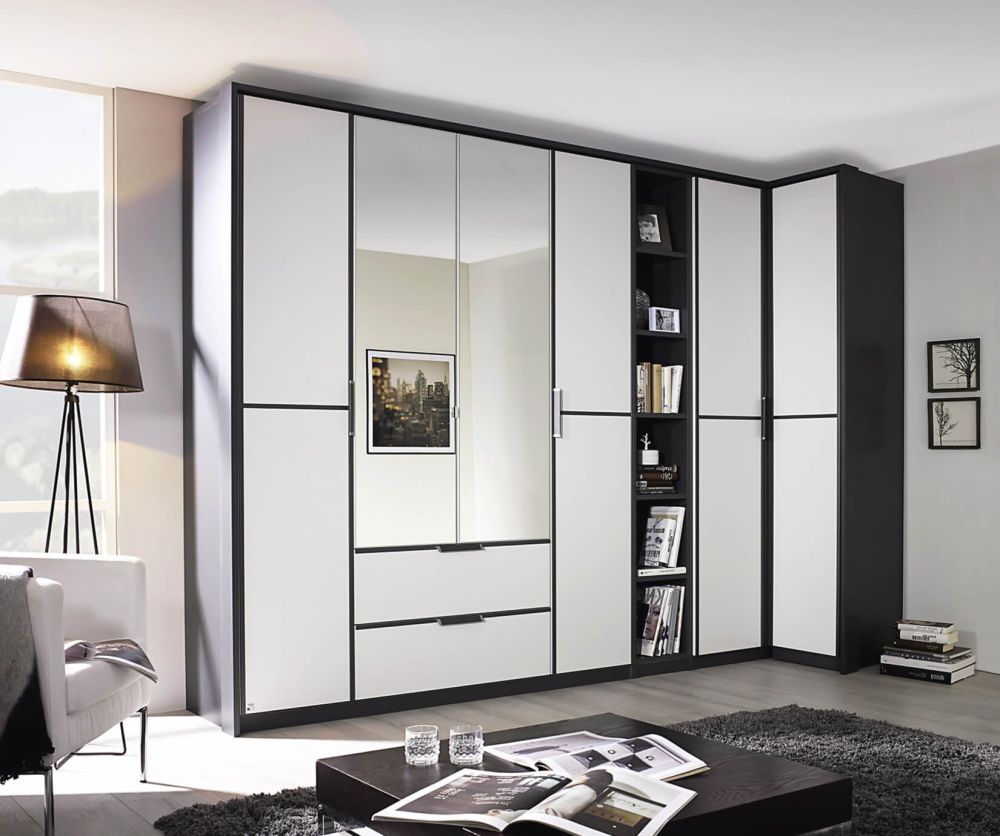 Rauch Essensa Metallic Grey with Alpine White L Shaped Folding Wardrobe with Vertical and Horizontal Trims and Carcass Coloured Handle (W483cm)