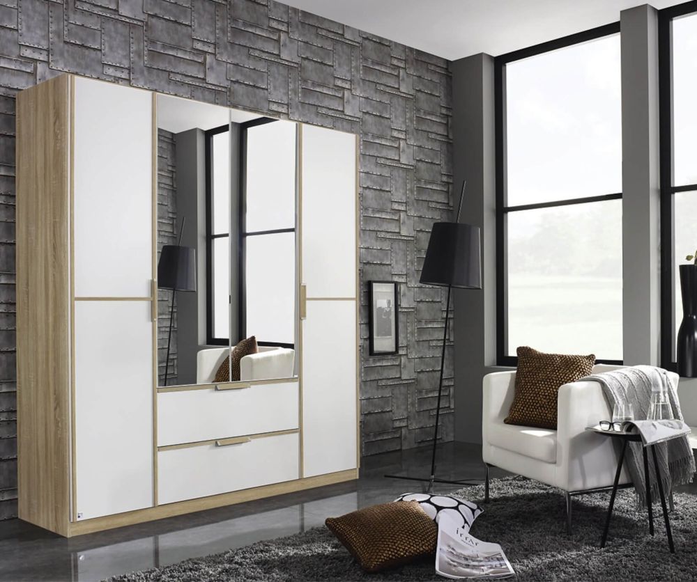 Rauch Essensa Sonoma Oak with Alpine White 5 Door 2 Drawer Wardrobe with 1 Mirror Chrome Coloured Long Handle with Vertical and Horizontal Trims (W226cm)