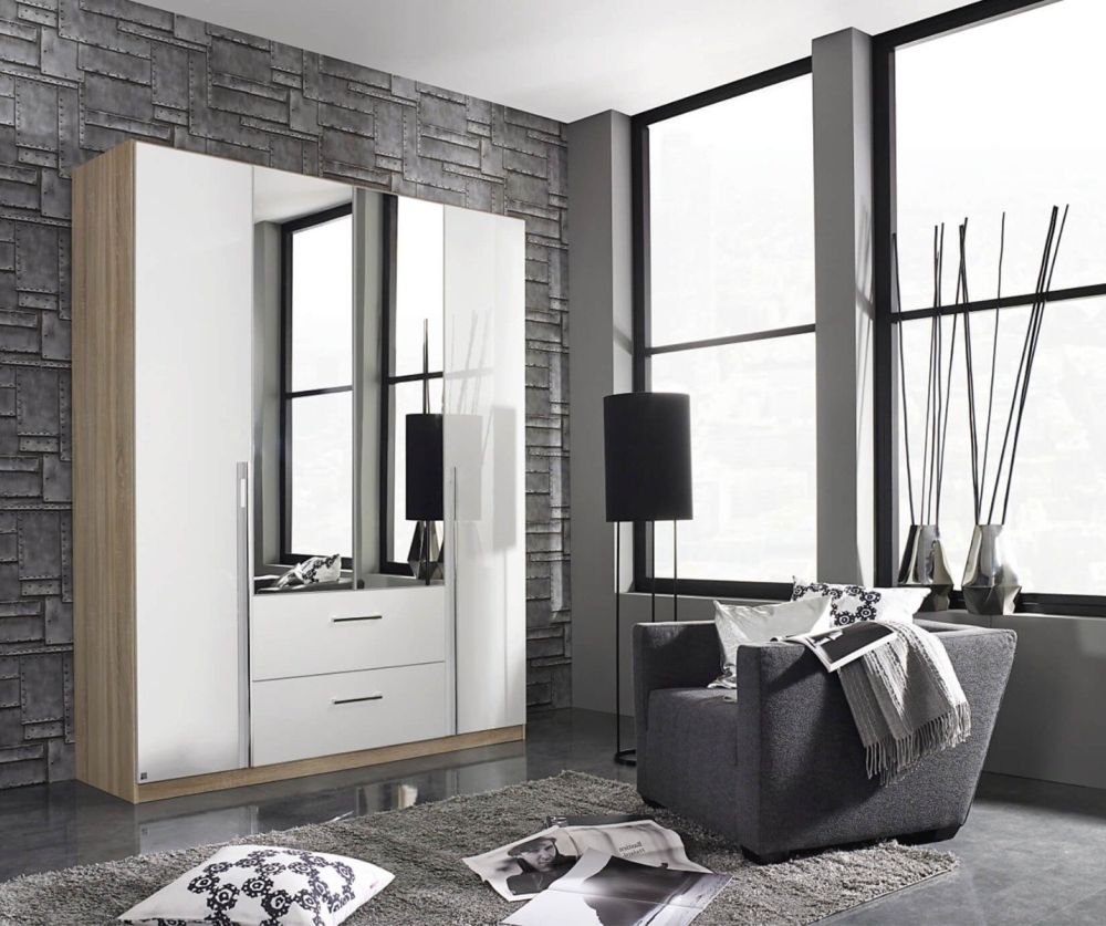 Rauch Essensa Sonoma Oak 5 Door 2 Drawer Wardrobe with 1 Mirror with Chrome Coloured Long Handle (W226cm)