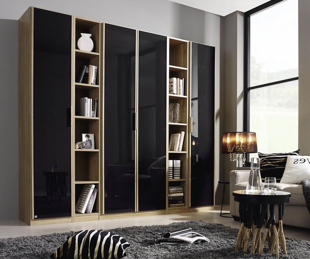 Rauch Essensa Sonoma Oak with Basalt Glass 6 Door 2 Drawer Wardrobe with 2 Mirror Carcass Coloured Short Handle with Vertical Trims (W271cm)