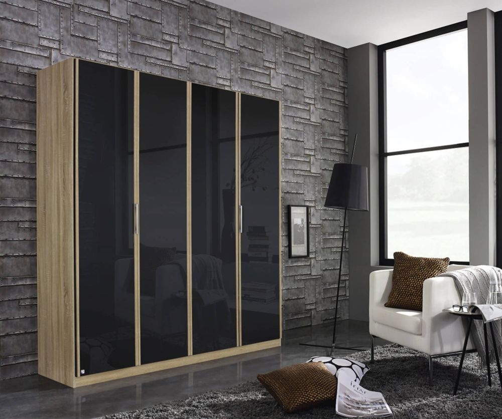 Rauch Essensa Sonoma Oak with Basalt Glass 6 Door 2 Drawer Wardrobe with 2 Mirror Chrome Coloured Short Handle with Vertical Trims (W271cm)