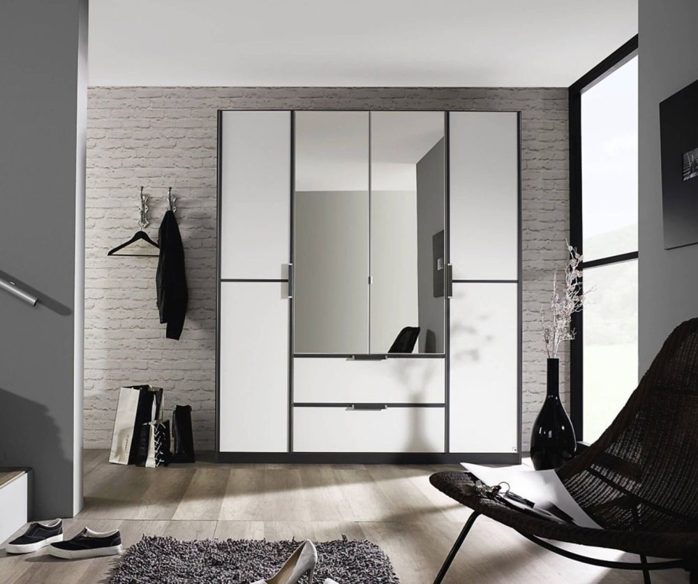 Rauch Essensa Sonoma Oak with Basalt Glass 6 Door 2 Drawer Wardrobe with 2 Mirror Chrome Coloured Short Handle with Vertical Trims (W271cm)