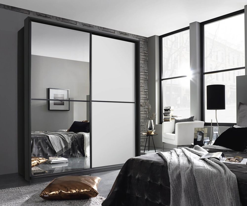 Rauch Essensa Metallic Grey with White Glass 2 Door 1 Mirror Sliding Wardrobe with Carcass Coloured Handle with Vertical and Horizontal Trims (W226cm)