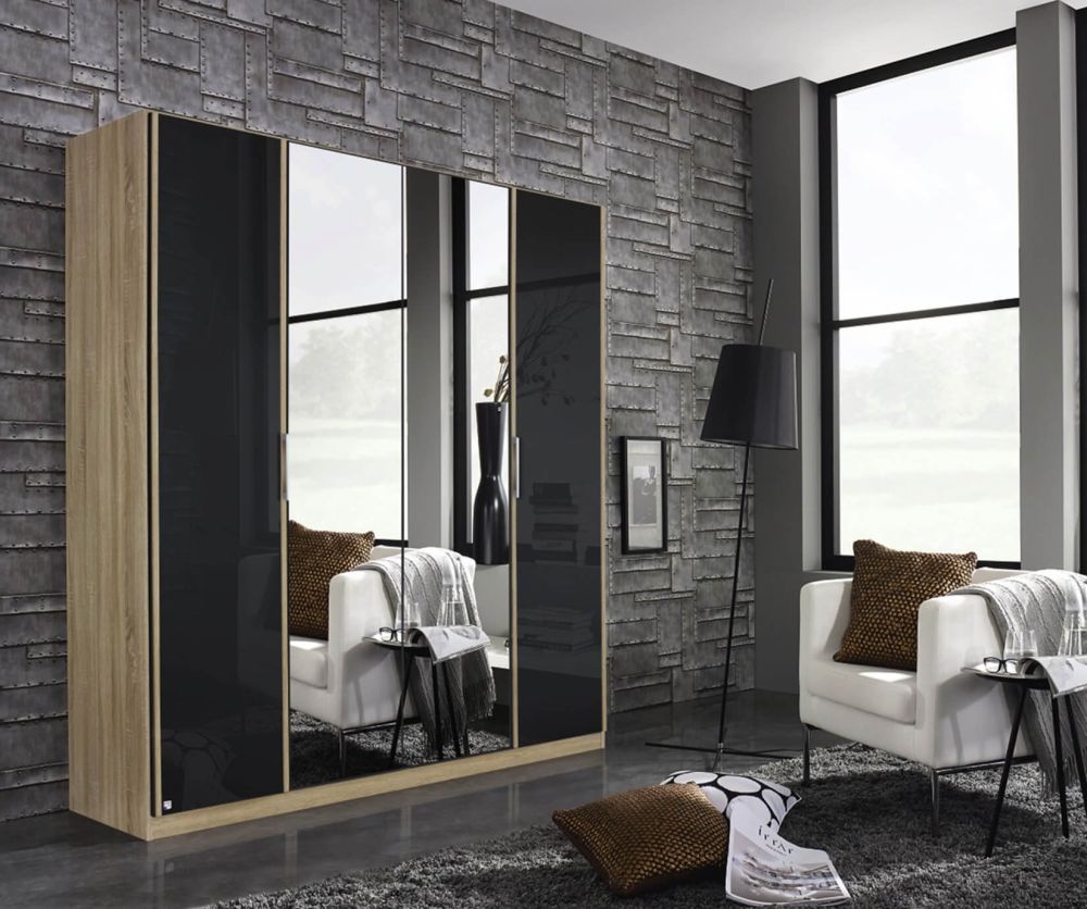 Rauch Essensa Sonoma Oak with Basalt Glass 3 Door 1 Mirror Wardrobe with Carcass Coloured Short Handle with Vertical Trims (W136cm)
