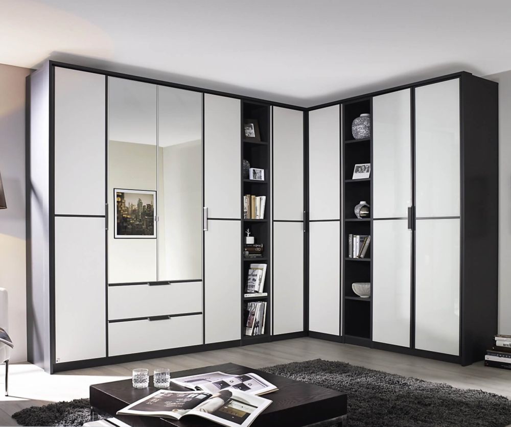 Rauch Essensa Metallic Grey with Alpine White 3 Door 2 Drawer Wardrobe with 1 Mirror Carcass Coloured Short Handle with Vertical and Horizontal Trims (W136cm)