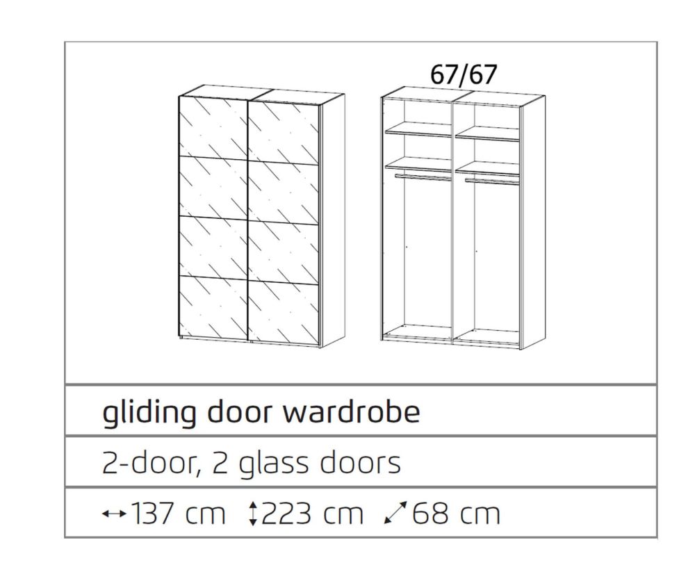 Rauch Filo Silk Grey Carcase with Silk Grey Front 2 Sliding Mirror Door Wardrobe