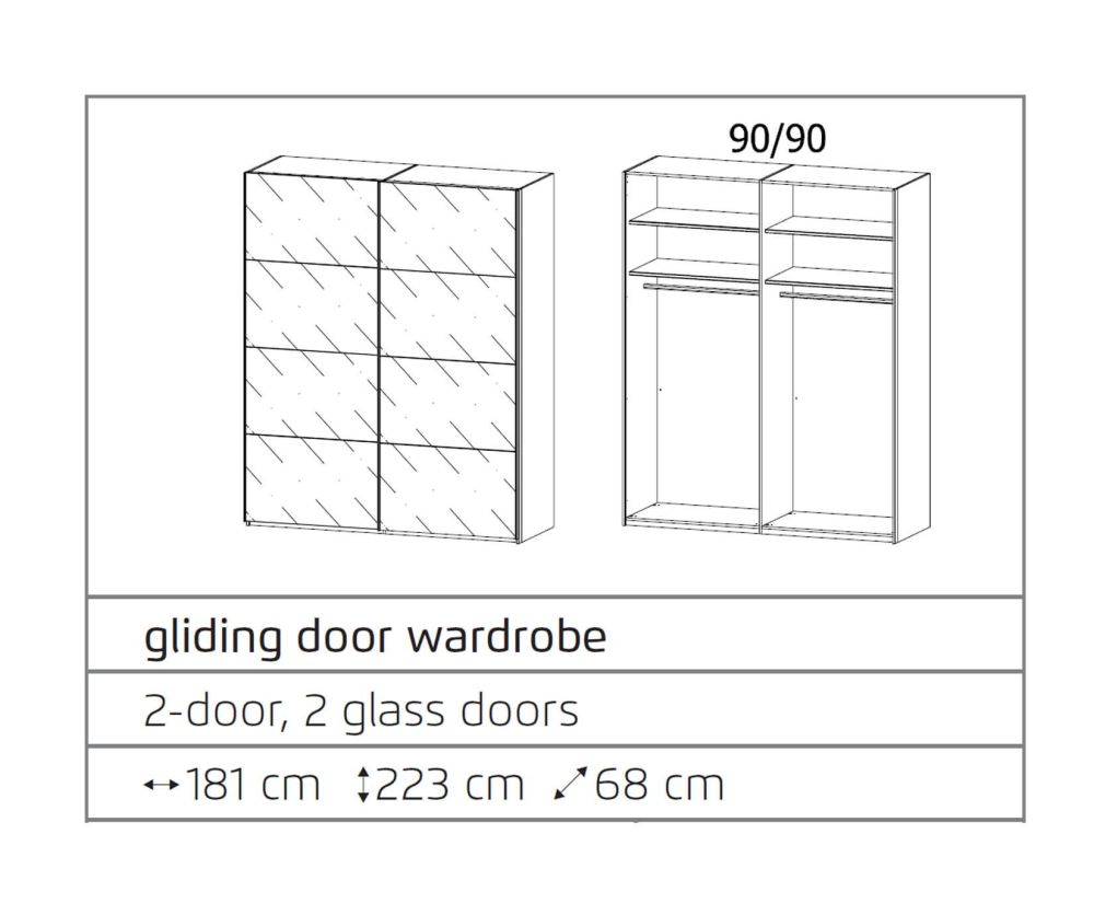 Rauch Filo Graphite Carcase with Graphite Front 2 Sliding Mirror Door Wardrobe (W181cm)