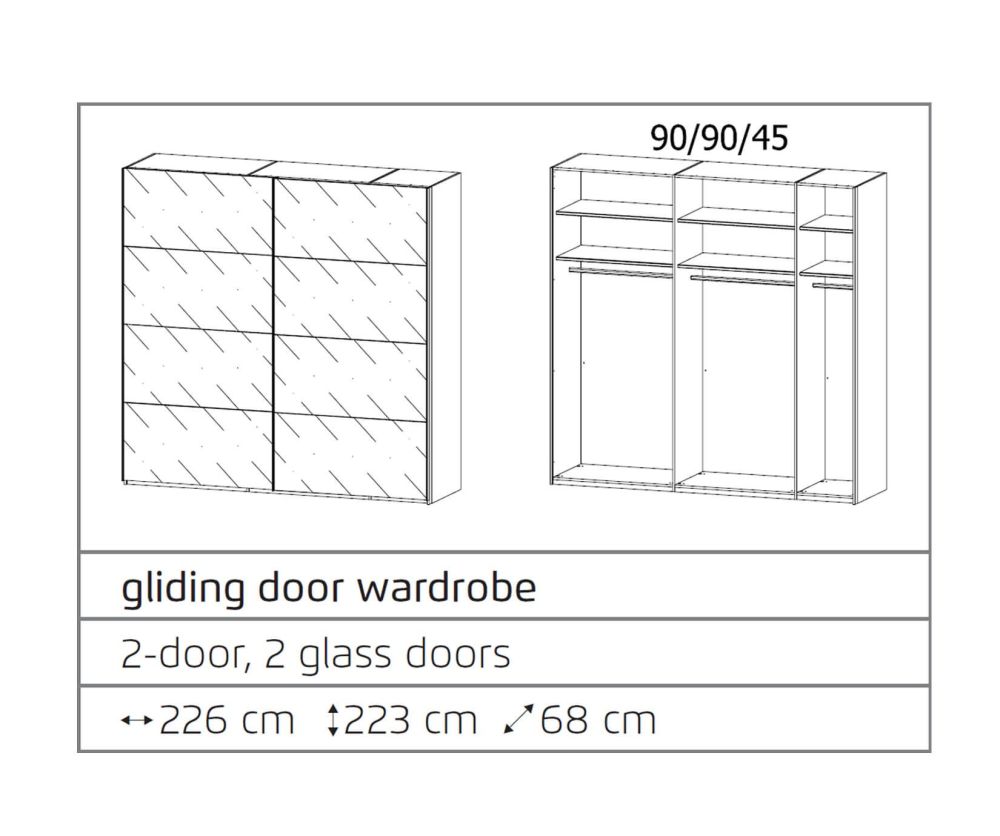 Rauch Filo Alpine White Carcase with Alpine White Front 2 Sliding Mirror Door Wardrobe (W226cm)