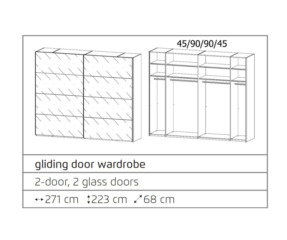 Rauch Filo Graphite Carcase with Graphite Front 2 Sliding Mirror Door Wardrobe (W271cm)