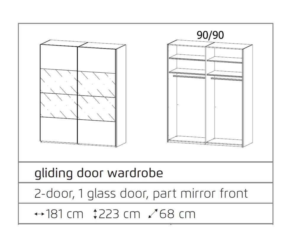 Rauch Filo Silk Grey Carcase with Silk Grey Front 2 Sliding Door Wardrobe (W181cm)