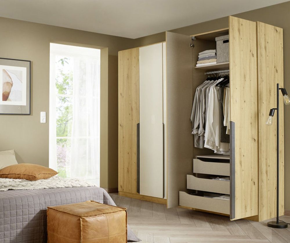 Rauch Artemis Artisan Oak Carcase and White Glass Front 5 Door Hinged Wardrobe