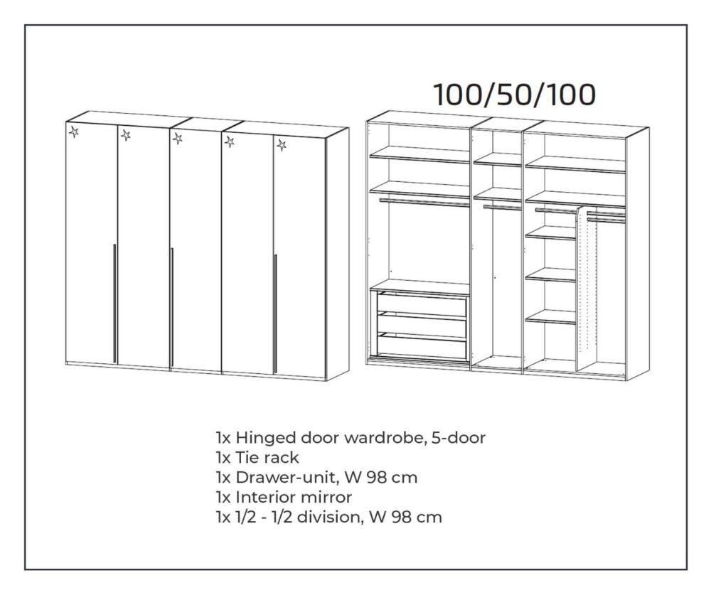 Rauch Montclar Alpine White Carcase with High Polish White Front 5 Door Wardrobe