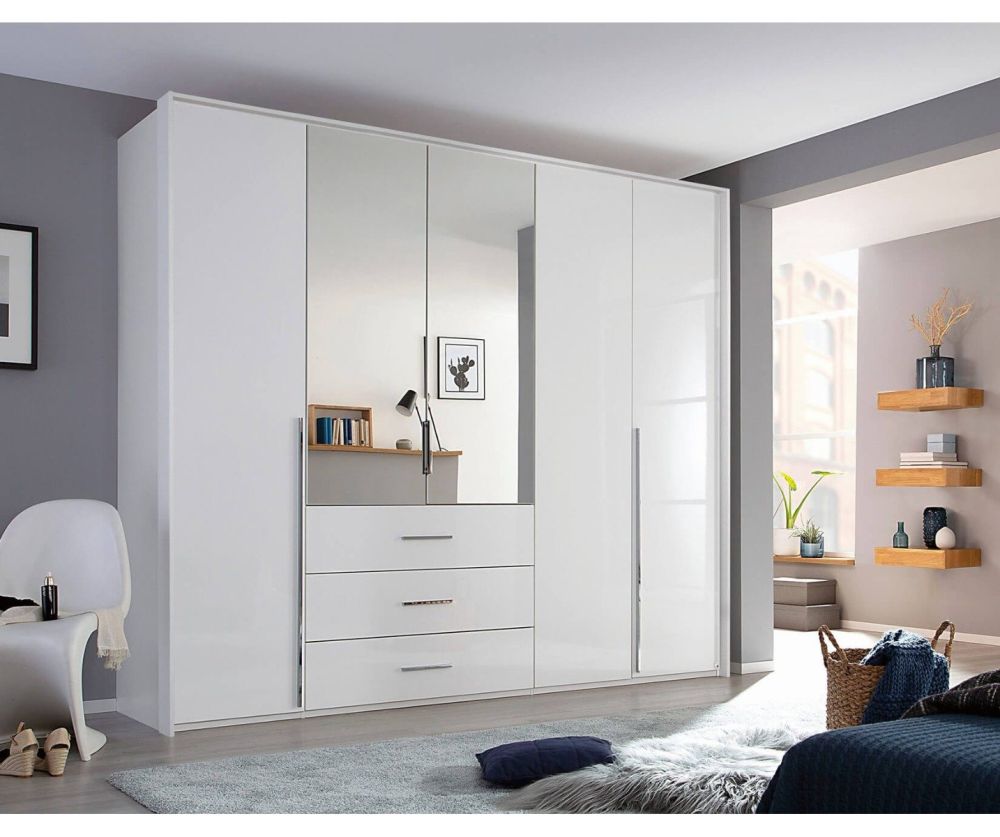 Rauch Montclar Alpine White Carcase with High Polish White Front 5 Door 2 Mirror Combi Wardrobe with Drawers