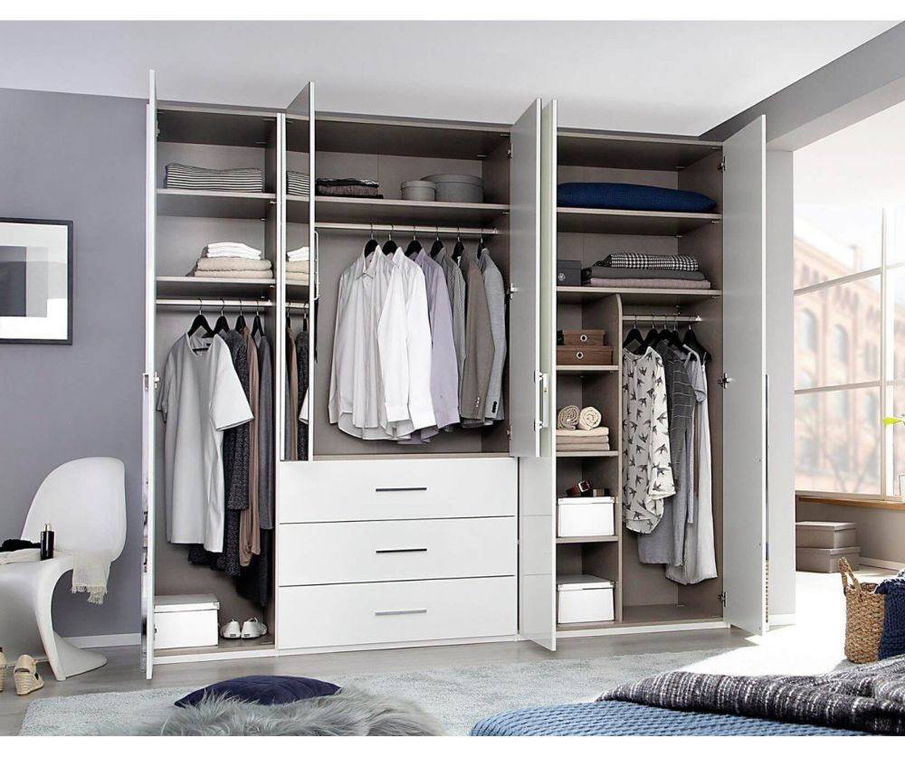 Rauch Montclar Alpine White Carcase with High Polish White Front 5 Door 2 Mirror Combi Wardrobe with Drawers