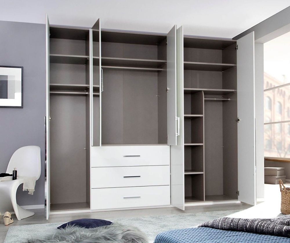 Rauch Montclar Alpine White Carcase with High Polish White Front 5 Door 2 Mirror Combi Wardrobe with Drawers