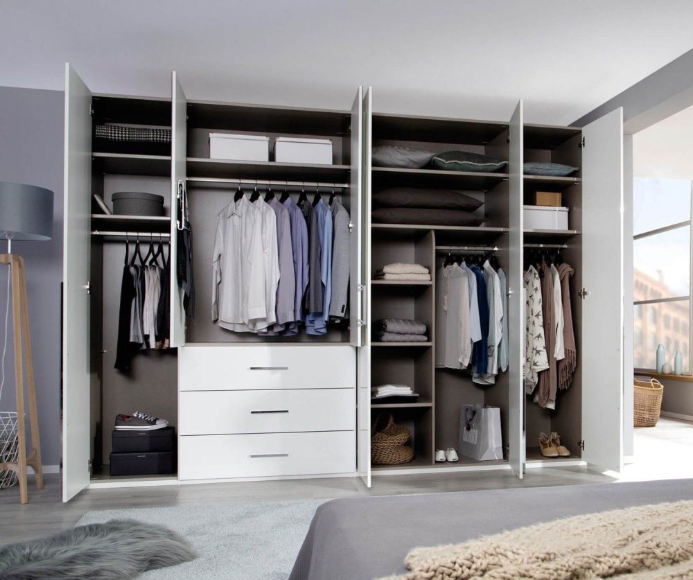 Rauch Montclar Alpine White Carcase with High Polish White Front 6 Door 2 Mirror Combi Wardrobe with Drawers