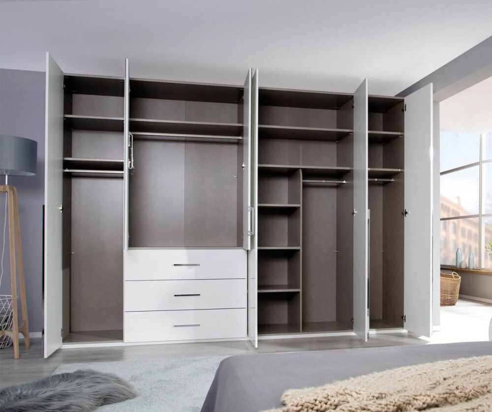 Rauch Montclar Alpine White Carcase with High Polish White Front 6 Door 2 Mirror Combi Wardrobe with Drawers