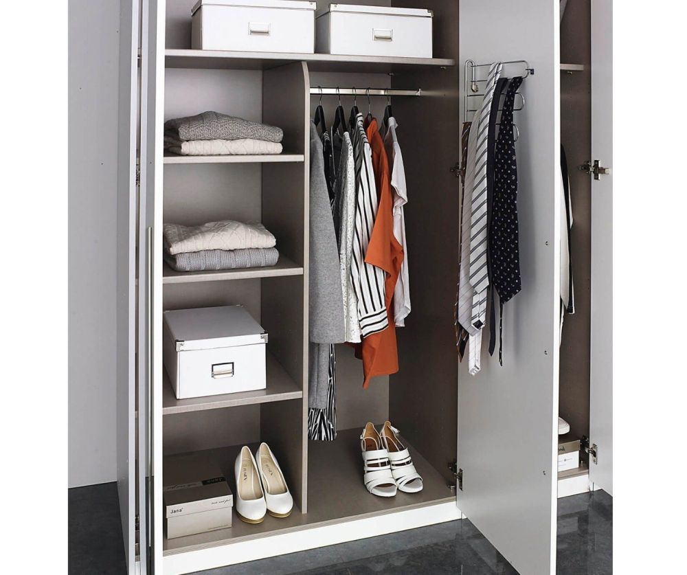 Rauch Montclar Alpine White Carcase with High Polish White Front 6 Door 2 Mirror Combi Wardrobe with Drawers